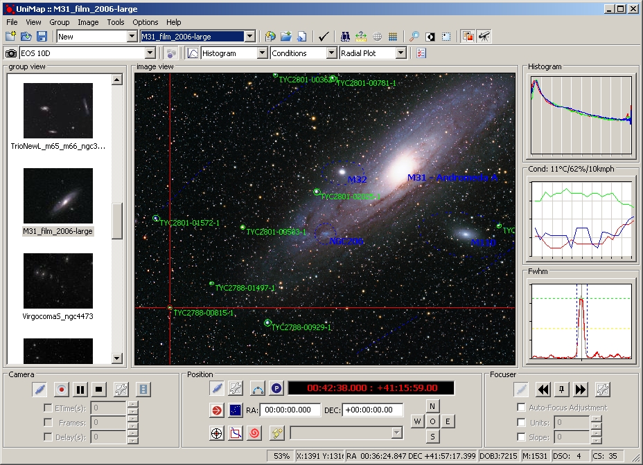 Integrated telescope and camera control - Instruments Screen with thumbnails